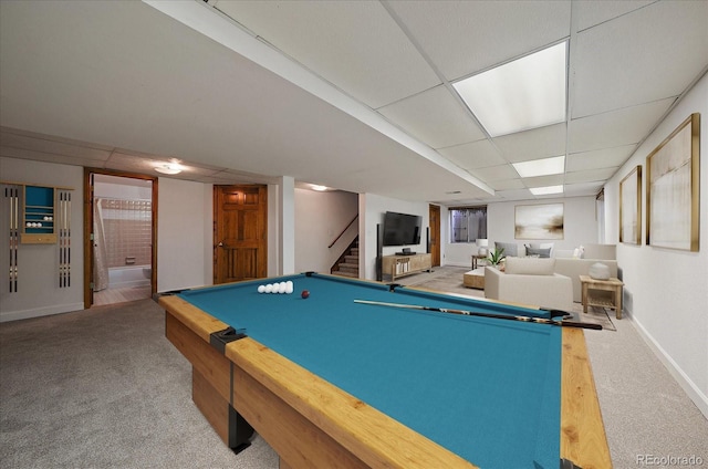rec room with carpet flooring, baseboards, a paneled ceiling, and billiards