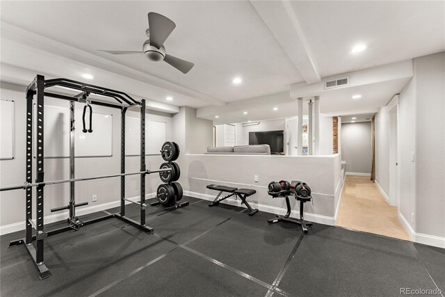 exercise area with a ceiling fan, recessed lighting, visible vents, and baseboards