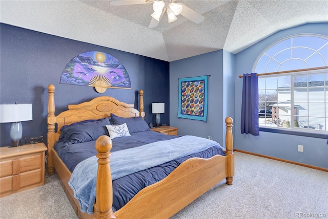 bedroom with lofted ceiling, light carpet, and ceiling fan