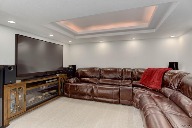 cinema room with light colored carpet and a raised ceiling