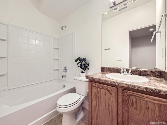 full bath with shower / washtub combination, visible vents, vanity, and toilet