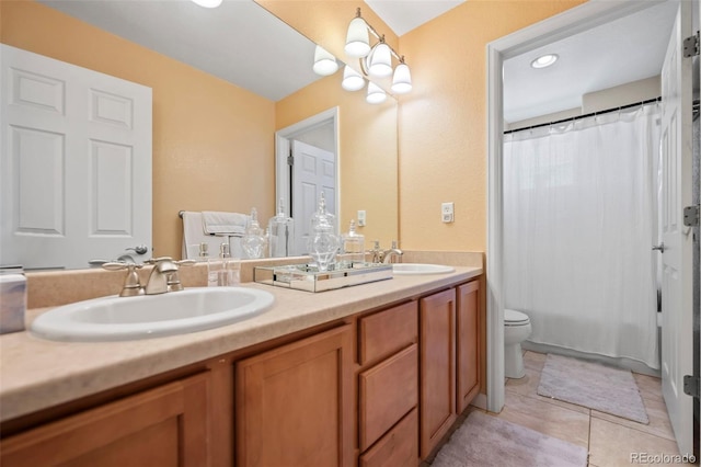 1929 Baguette Dr, Castle Rock, CO 80108 - bathroom with double vanity, toilet, a shower with curtain, and tile patterned floors