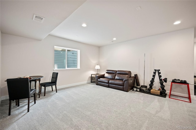 sitting room featuring recessed lighting, visible vents, light carpet, and baseboards