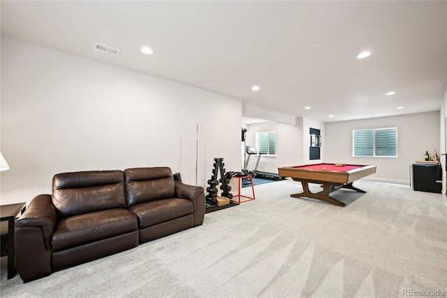 recreation room with recessed lighting, light carpet, pool table, visible vents, and baseboards