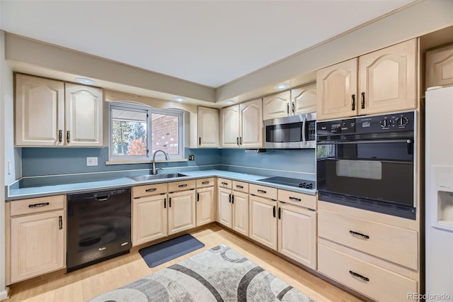 kitchen featuring light wood-type flooring, sink, and black appliances