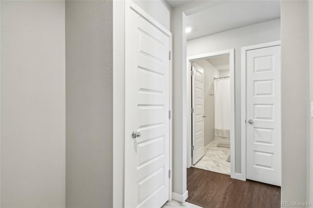 hallway with dark hardwood / wood-style flooring