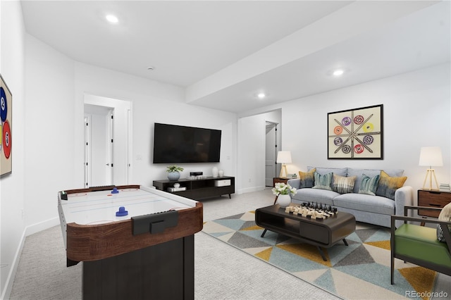 living area featuring light carpet, baseboards, and recessed lighting