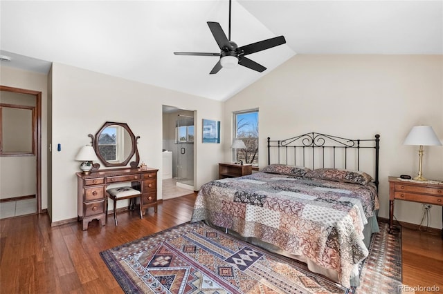 3151 E 134th Cir, Thornton, CO 80241 - bedroom featuring lofted ceiling, wood finished floors, baseboards, ceiling fan, and connected bathroom