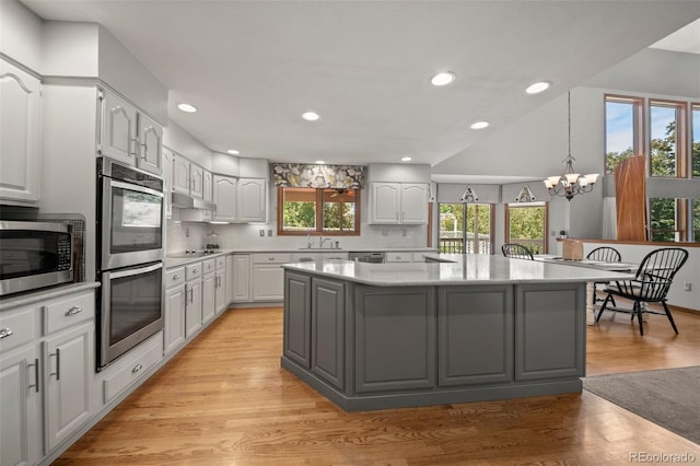 4161 W Lake Cir N, Littleton, CO 80123 - kitchen with stainless steel appliances, a sink, gray cabinets, a kitchen island, and under cabinet range hood