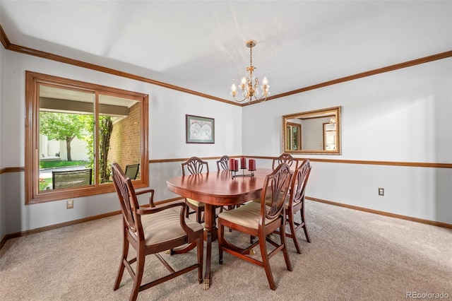 4161 W Lake Cir N, Littleton, CO 80123 - dining space with light colored carpet, crown molding, baseboards, and a chandelier