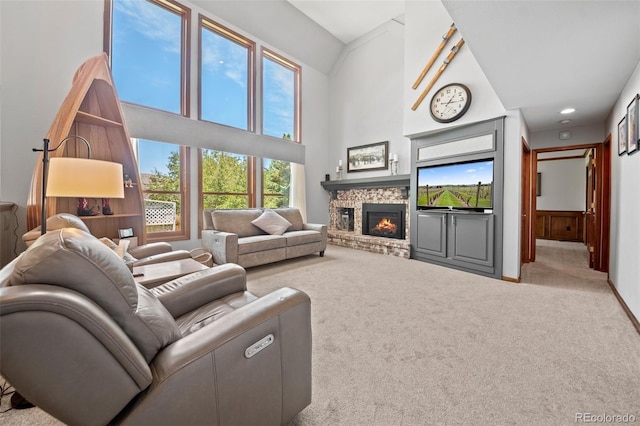 4161 W Lake Cir N, Littleton, CO 80123 - carpeted living area with a fireplace and a high ceiling