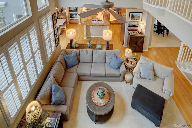 living room with a high ceiling, a wealth of natural light, and wood finished floors