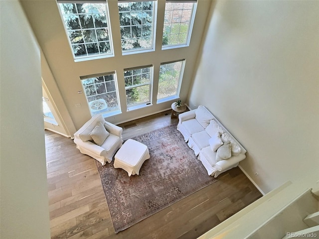 3000 E 112th Ave Unit 102, Northglenn, CO 80233 - living area with wood finished floors and a towering ceiling