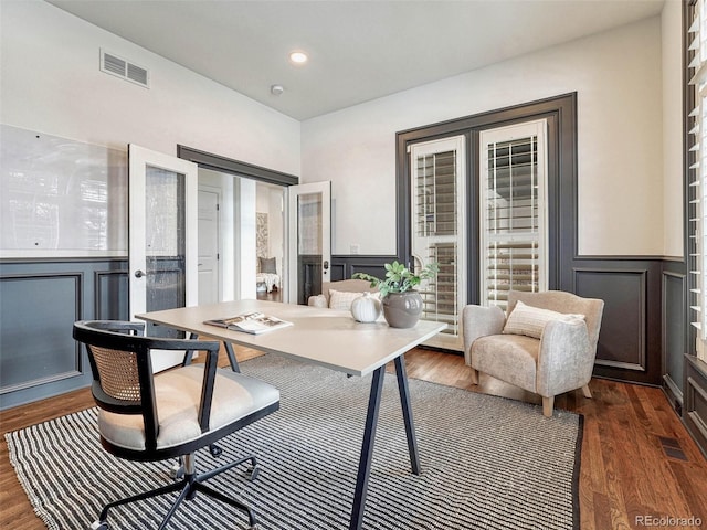 office space featuring dark hardwood / wood-style floors