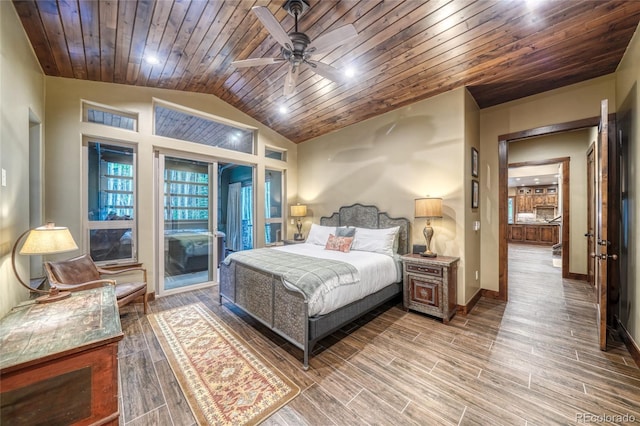 25735 County Road 295, Nathrop, CO 81236 - bedroom with lofted ceiling, access to exterior, wooden ceiling, wood finished floors, and ceiling fan