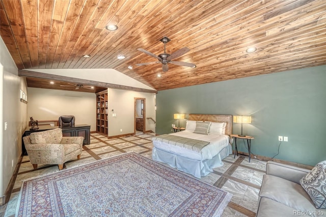 25735 County Road 295, Nathrop, CO 81236 - bedroom featuring lofted ceiling, wood ceiling, recessed lighting, ceiling fan, and connected bathroom