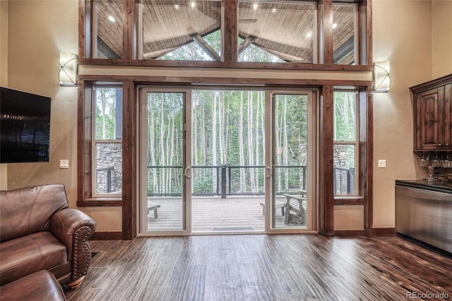 25735 County Road 295, Nathrop, CO 81236 - doorway with high vaulted ceiling, wood finished floors, and a wooden ceiling with exposed beams
