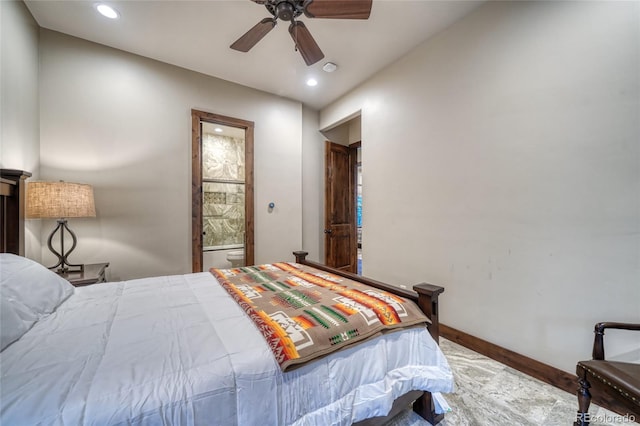25735 County Road 295, Nathrop, CO 81236 - bedroom with recessed lighting, a ceiling fan, ensuite bathroom, and wood finished floors