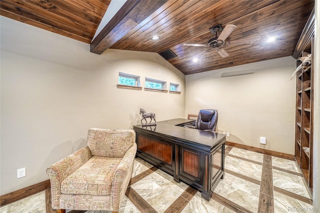 25735 County Road 295, Nathrop, CO 81236 - home office featuring wooden ceiling, vaulted ceiling, ceiling fan, and recessed lighting