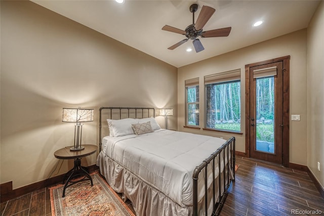 25735 County Road 295, Nathrop, CO 81236 - bedroom with wood finished floors, recessed lighting, vaulted ceiling, ceiling fan, and access to outside