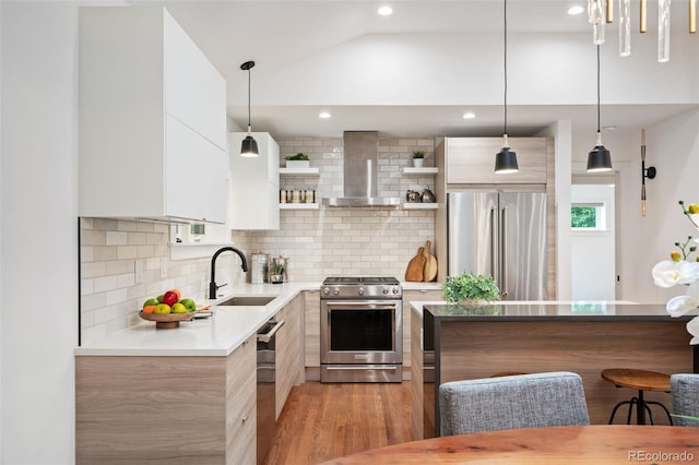 2998 S Adams St, Denver, CO 80210 - kitchen with appliances with stainless steel finishes, modern cabinets, island range hood, open shelves, and lofted ceiling