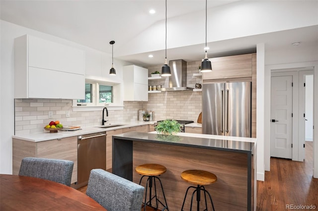 2998 S Adams St, Denver, CO 80210 - kitchen featuring stainless steel appliances, modern cabinets, wall chimney range hood, vaulted ceiling, and a kitchen bar