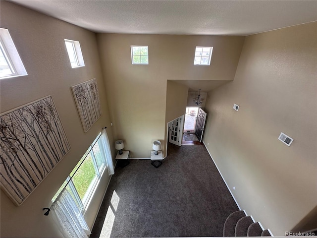 9616 Nucla St, Commerce City, CO 80022 - entrance foyer with carpet floors, a high ceiling, baseboards, and a textured ceiling