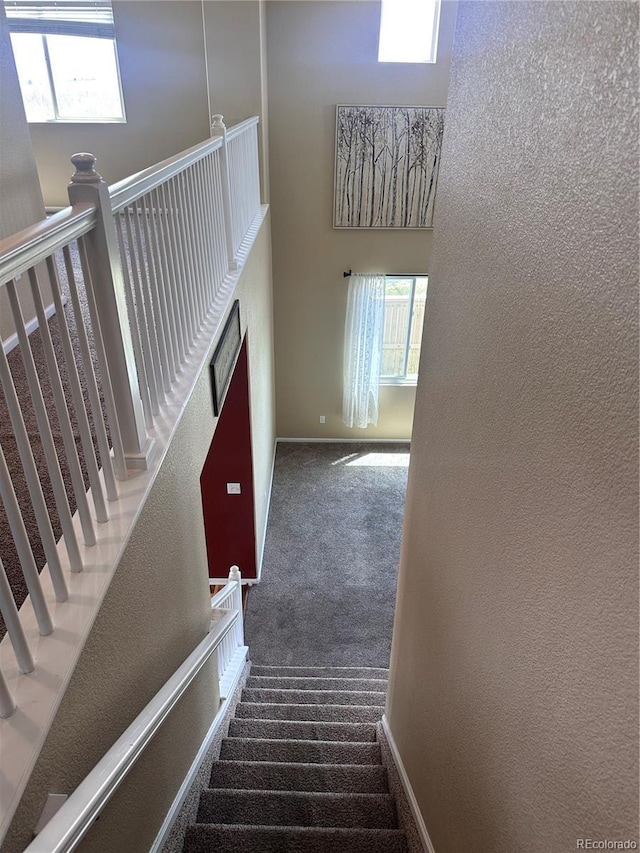 9616 Nucla St, Commerce City, CO 80022 - stairway featuring carpet, healthy amount of natural light, a textured wall, and baseboards