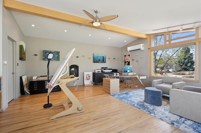 3895 Chimayo Rd, Littleton, CO 80123 - interior space featuring ceiling fan, a wall unit AC, recessed lighting, wood finished floors, and vaulted ceiling with beams