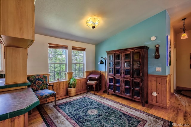 166 Ski Doo Rd, Fairplay, CO 80440 - sitting room with lofted ceiling, wainscoting, hardwood / wood-style floors, and wooden walls