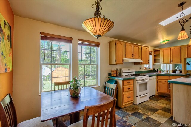 166 Ski Doo Rd, Fairplay, CO 80440 - kitchen with white appliances, open shelves, under cabinet range hood, decorative light fixtures, and dark stone finish flooring