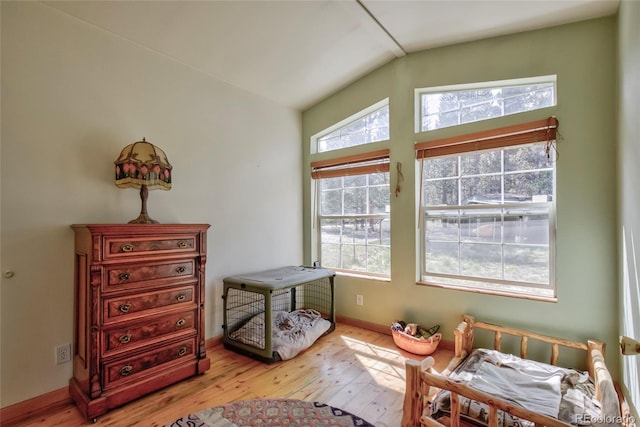 166 Ski Doo Rd, Fairplay, CO 80440 - bedroom featuring light wood-style flooring, lofted ceiling, and baseboards
