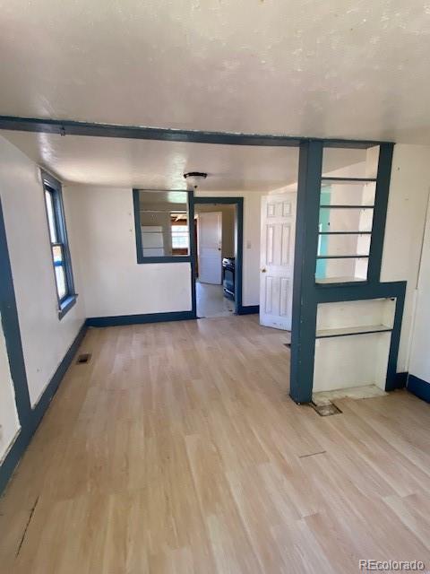 spare room with baseboards, plenty of natural light, and light wood finished floors