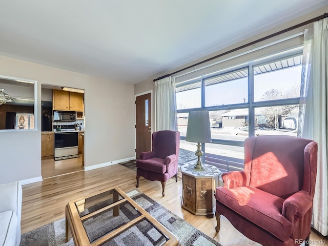 living room featuring light wood-style flooring and baseboards