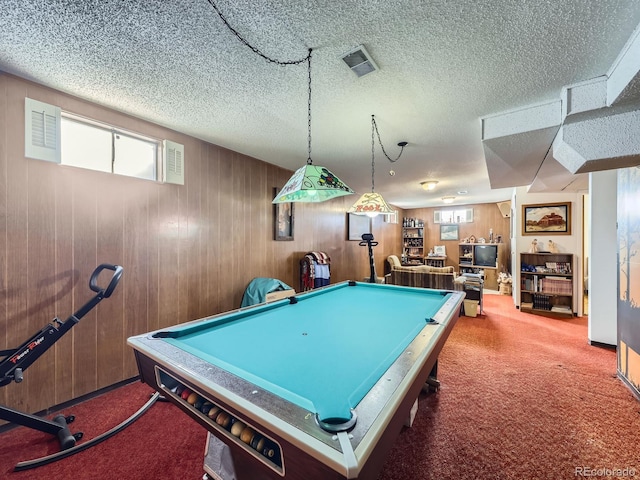 recreation room featuring carpet floors, visible vents, billiards, and a textured ceiling