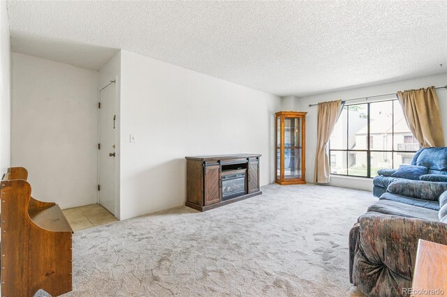 3550 S Harlan St Unit 214, Denver, CO 80235 - carpeted living room featuring a glass covered fireplace and a textured ceiling