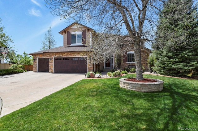 9536 W Avalon Dr, Littleton, CO 80127 - view of front of home with stone siding, concrete driveway, an attached garage, and a shingled roof