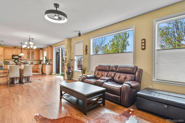 9536 W Avalon Dr, Littleton, CO 80127 - living room featuring a chandelier, plenty of natural light, and light wood finished floors