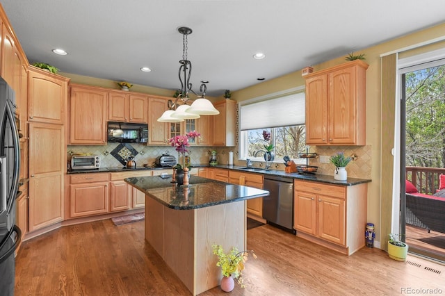 9536 W Avalon Dr, Littleton, CO 80127 - kitchen with black appliances, a sink, healthy amount of natural light, light wood-style flooring, and recessed lighting
