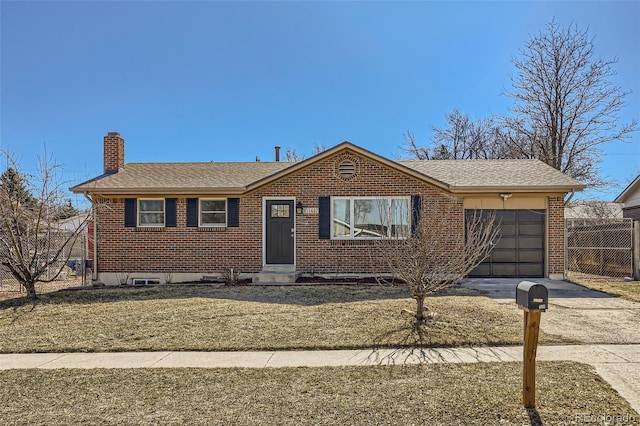 single story home with driveway, a chimney, an attached garage, fence, and brick siding