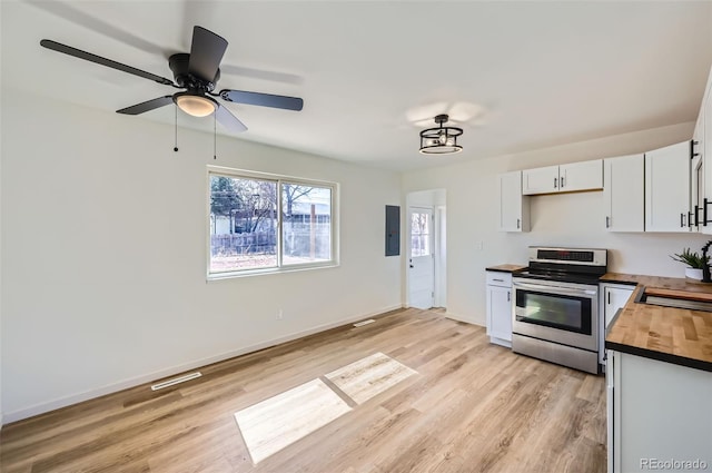 kitchen with visible vents, white cabinets, wooden counters, light wood-type flooring, and stainless steel electric stove