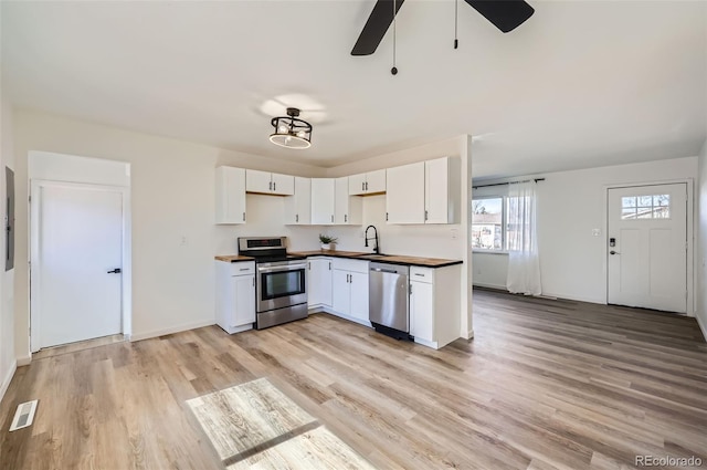 kitchen featuring visible vents, appliances with stainless steel finishes, white cabinetry, a sink, and light wood-type flooring