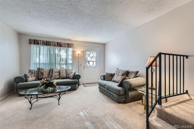 carpeted living area with a textured ceiling