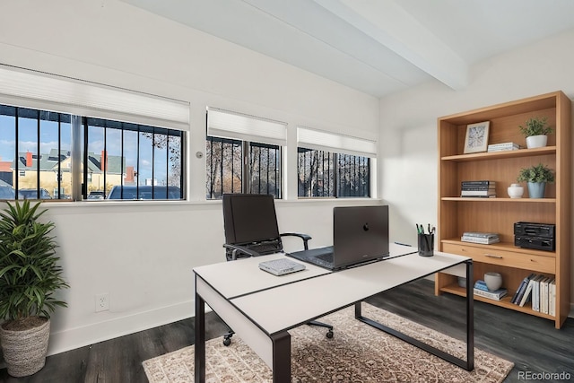 office area with beamed ceiling, baseboards, and wood finished floors