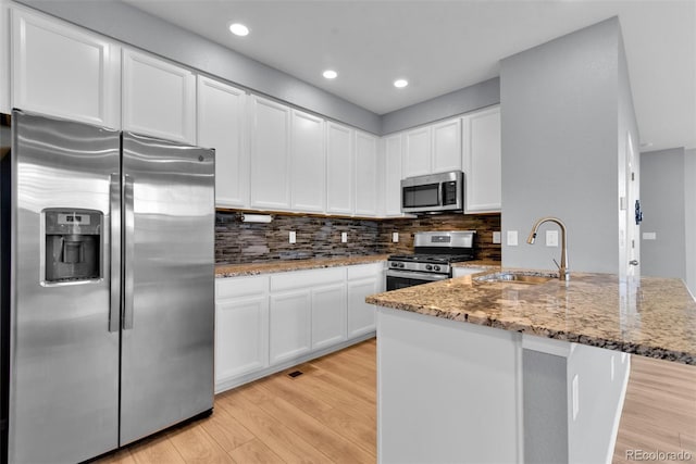 kitchen with kitchen peninsula, white cabinetry, sink, and stainless steel appliances