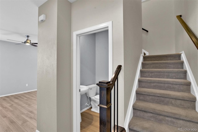 staircase featuring hardwood / wood-style flooring and ceiling fan