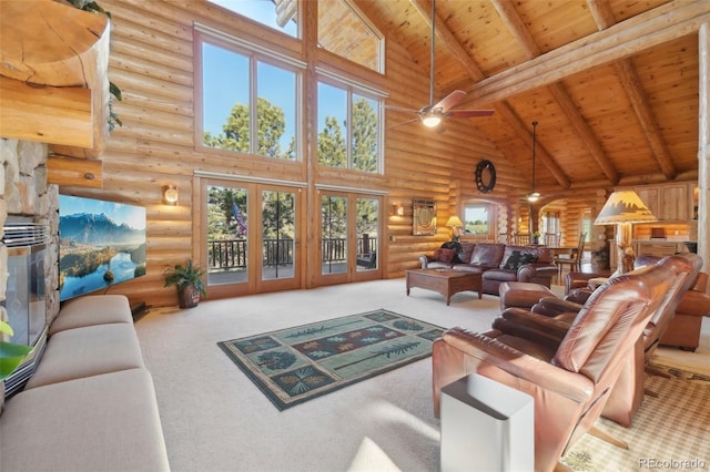 3557 Palmer Ridge Dr, Parker, CO 80134 - living room featuring high vaulted ceiling, rustic walls, wood ceiling, carpet flooring, and beam ceiling
