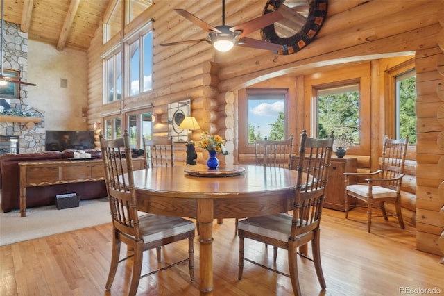 3557 Palmer Ridge Dr, Parker, CO 80134 - dining area featuring high vaulted ceiling, wood ceiling, light wood-type flooring, beam ceiling, and log walls