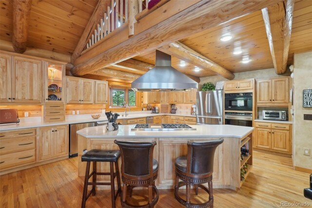 3557 Palmer Ridge Dr, Parker, CO 80134 - kitchen featuring appliances with stainless steel finishes, wood ceiling, island range hood, light brown cabinets, and open shelves