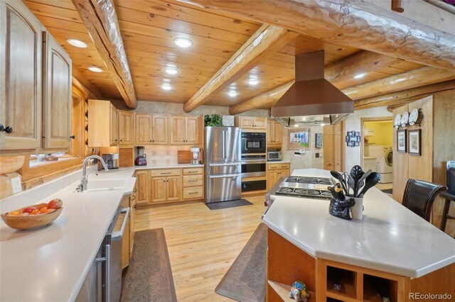 3557 Palmer Ridge Dr, Parker, CO 80134 - kitchen with appliances with stainless steel finishes, light wood finished floors, island exhaust hood, a sink, and light brown cabinets